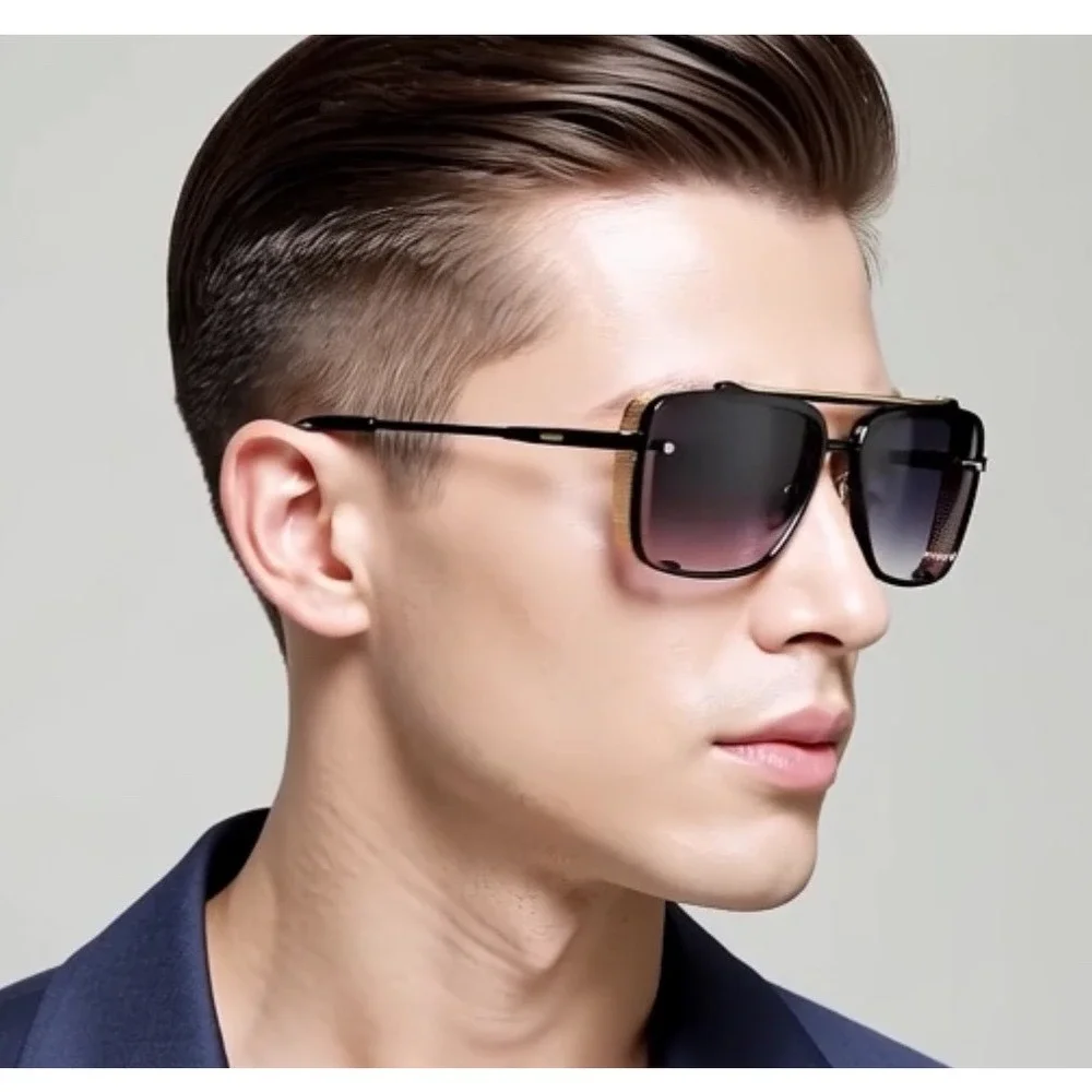 Aviator Sunglasses Men Rectangular Frame Gold‎ Accent Black Shades Classic Retro